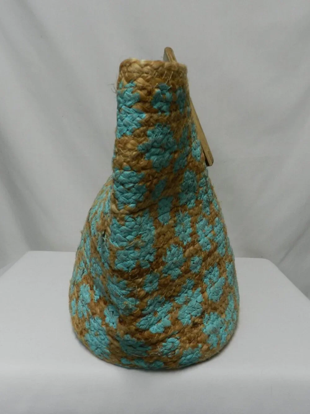 Twig & Arrow Jute large Hand painted tote bag carryall tan turquoise wood Summer - Picture 7 of 13